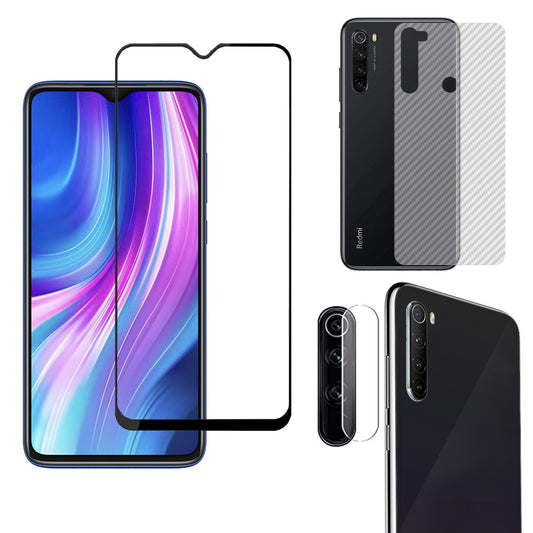 Combo Pack of Tempered Glass Screen Protector, Carbon Fiber Back Sticker, Camera lens Clear Glass Bundel for Redmi Note 8