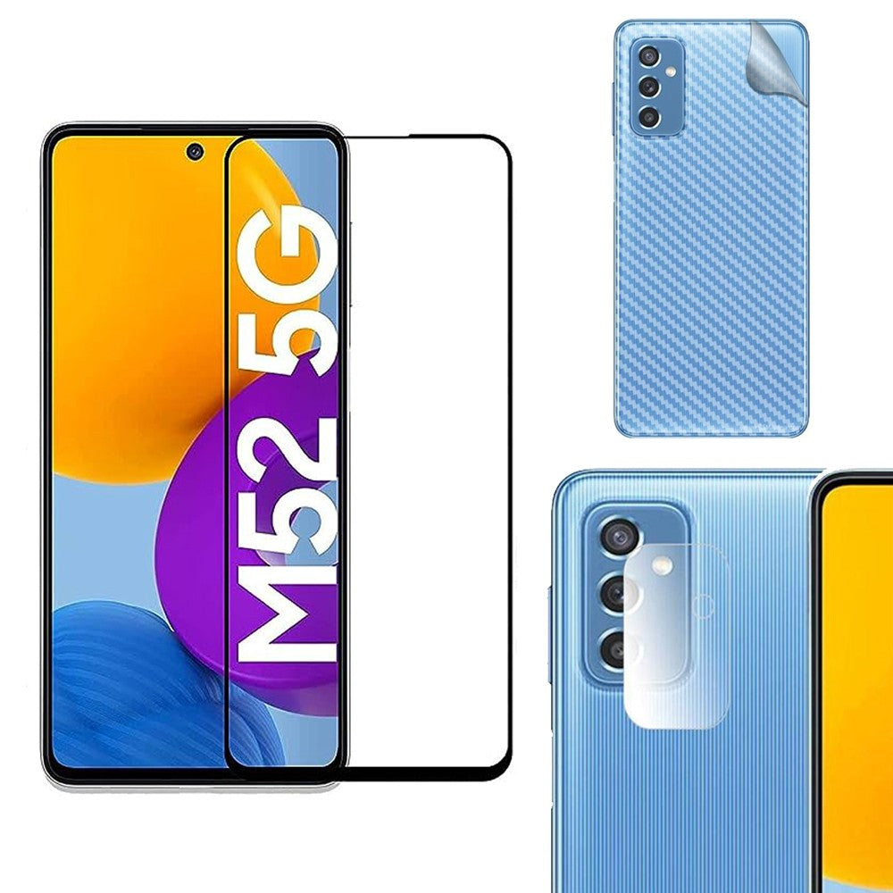 Combo Pack of Tempered Glass Screen Protector, Carbon Fiber Back Sticker, Camera lens Clear Glass Bundel for Samsung M52 5G