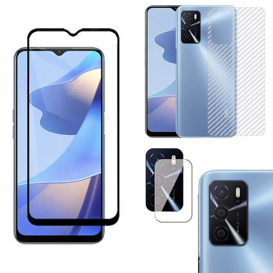 Combo Pack of Tempered Glass Screen Protector, Carbon Fiber Back Sticker, Camera lens Clear Glass Bundel for OPPO A16