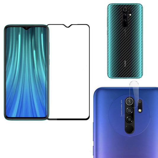 Combo Pack of Tempered Glass Screen Protector, Carbon Fiber Back Sticker, Camera lens Clear Glass Bundel for Redmi 9