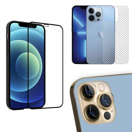 Combo Pack of Tempered Glass Screen Protector, Carbon Fiber Back Sticker, Camera lens Clear Glass Bundel for apple iPhone 12 Pro Max