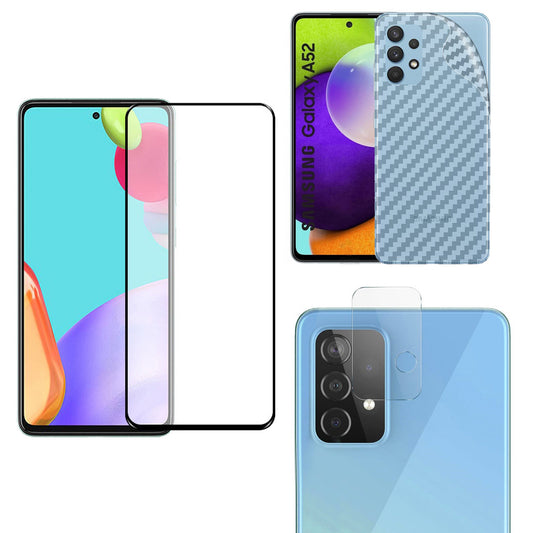 Combo Pack of Tempered Glass Screen Protector, Carbon Fiber Back Sticker, Camera lens Clear Glass Bundel for Samsung A52s 5G