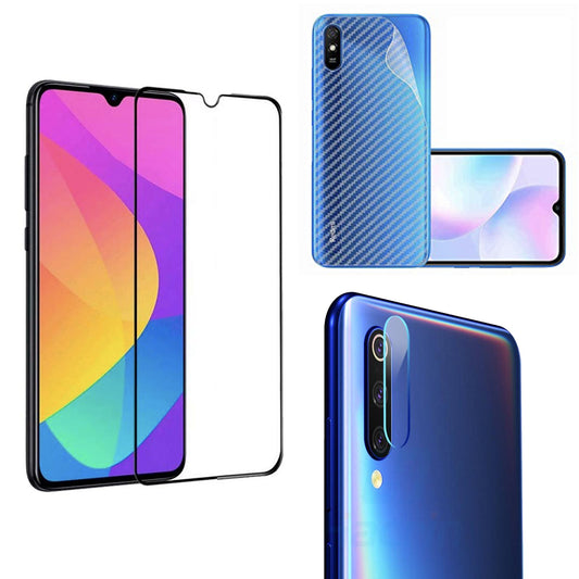Combo Pack of Tempered Glass Screen Protector, Carbon Fiber Back Sticker, Camera lens Clear Glass Bundel for Redmi 9A