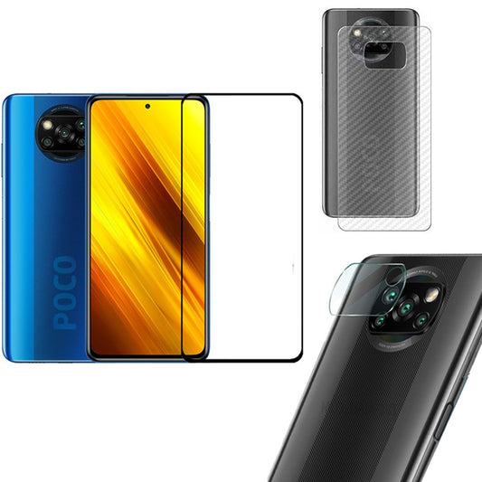 Combo Pack of Tempered Glass Screen Protector, Carbon Fiber Back Sticker, Camera lens Clear Glass Bundel for Mi POCO X3