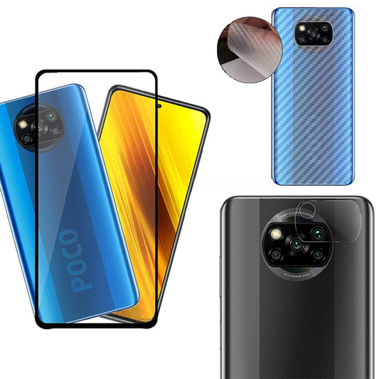 Combo Pack of Tempered Glass Screen Protector, Carbon Fiber Back Sticker, Camera lens Clear Glass Bundel for Mi POCO X3 Pro