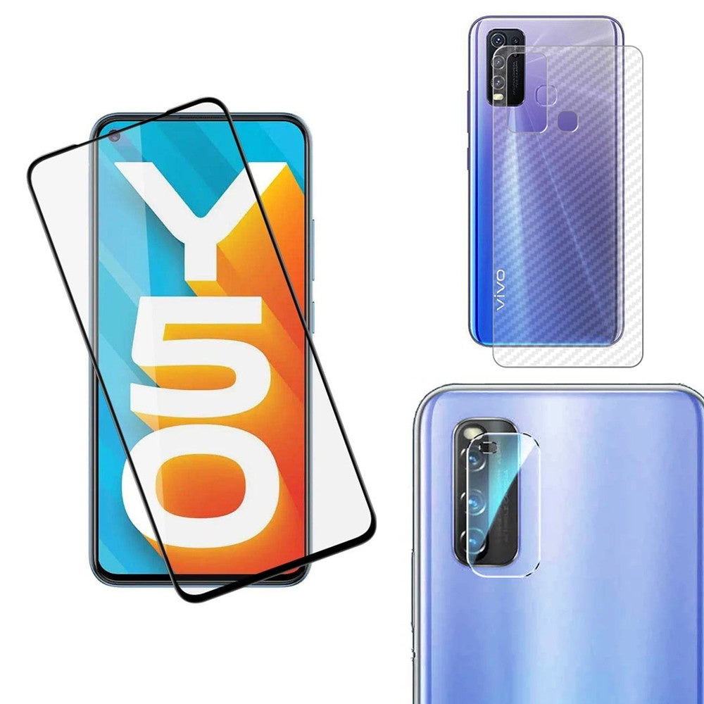 Combo Pack of Tempered Glass Screen Protector, Carbon Fiber Back Sticker, Camera lens Clear Glass Bundel for Vivo Y30 / Y50