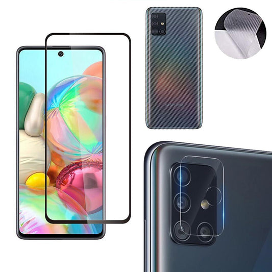 Combo Pack of Tempered Glass Screen Protector, Carbon Fiber Back Sticker, Camera lens Clear Glass Bundel for Samsung A51