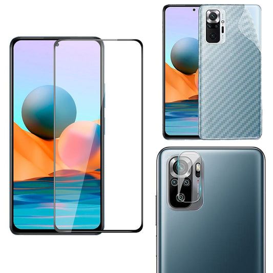 Combo Pack of Tempered Glass Screen Protector, Carbon Fiber Back Sticker, Camera lens Clear Glass Bundel for Redmi Note 10 Pro