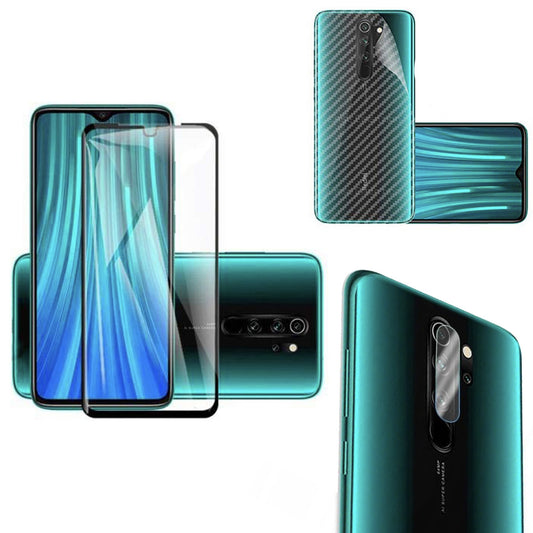 Combo Pack of Tempered Glass Screen Protector, Carbon Fiber Back Sticker, Camera lens Clear Glass Bundel for Redmi Note 8 Pro