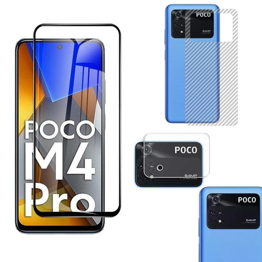 Combo Pack of Tempered Glass Screen Protector, Carbon Fiber Back Sticker, Camera lens Clear Glass Bundel for Mi POCO M4 Pro
