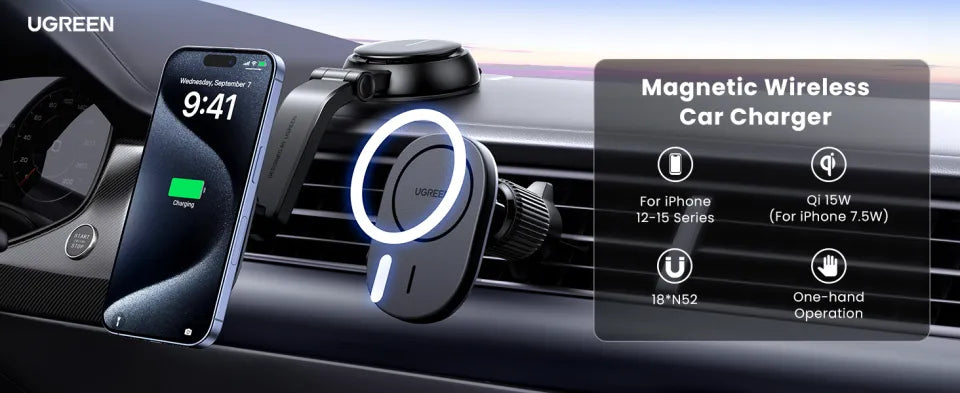 UGREEN Magnetic Car Holder with Wireless Charger A / C & Dashboard - Black – Model CD345 – Fast Magnetic Charging Pad or Station for Compatible iPhone, AirPods and Qi-Enabled Devices