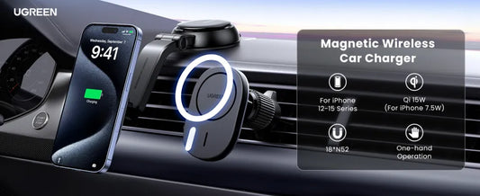 UGREEN Magnetic Car Holder with Wireless Charger A / C & Dashboard - Black – Model CD345 – Fast Magnetic Charging Pad or Station for Compatible iPhone, AirPods and Qi-Enabled Devices