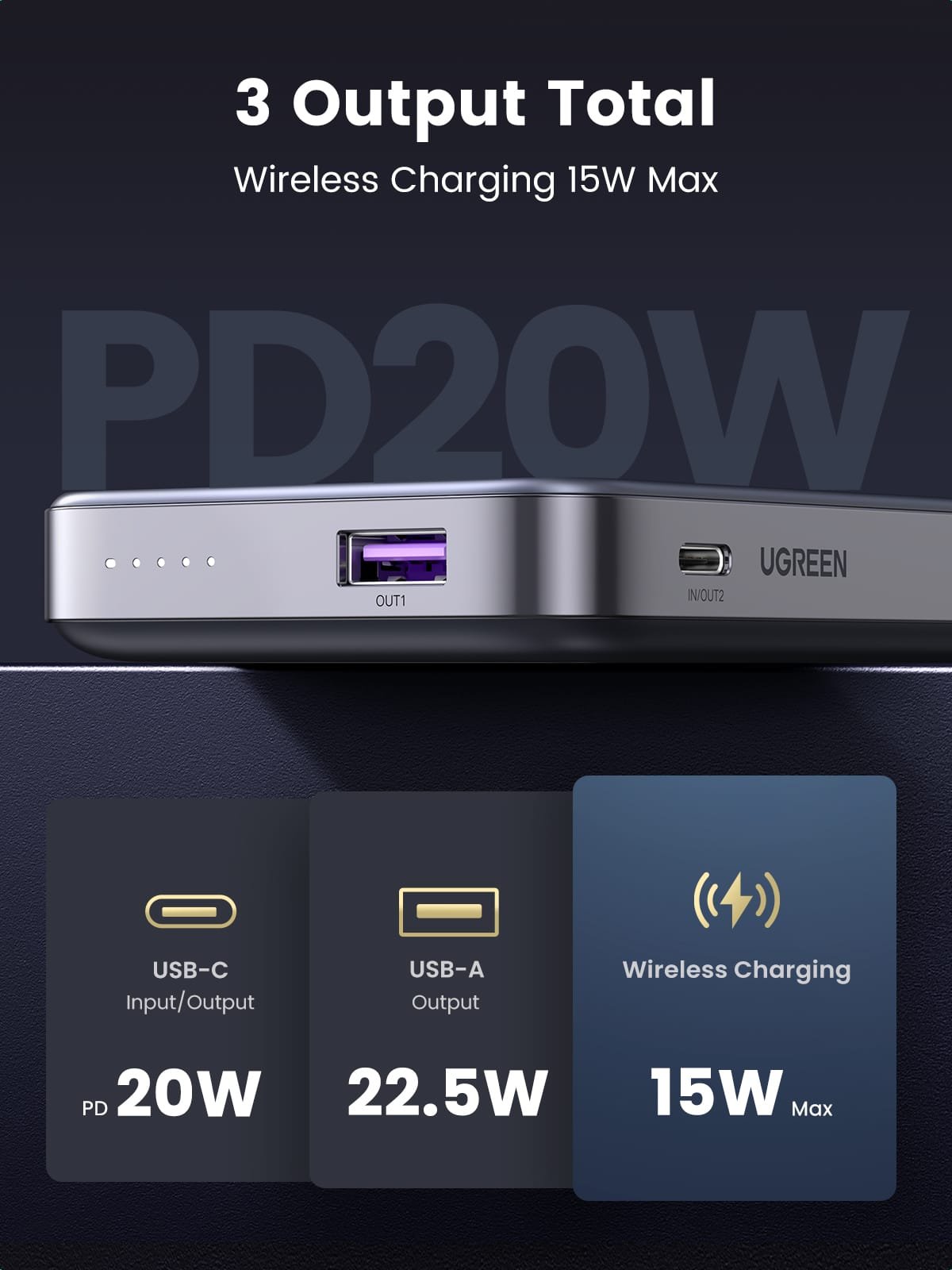 UGREEN 10000mAh 22.5W Kickstand Magnetic Wireless Power Bank Space Gray – Model PB206 – Portable Fast Charging Battery Pack for Smartphones, Tablets, Laptops and USB-Powered Devices