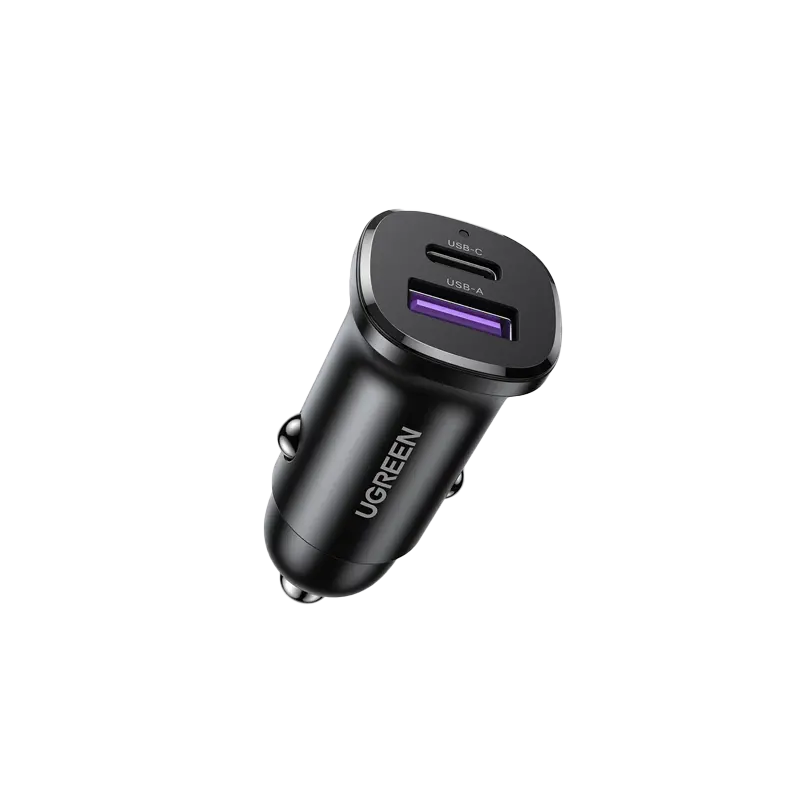 UGREEN 30W USB-C + USB Dual Port Car Charger - Black – Model CD130 – Compact In-Car Fast Charging Power Adapter for Smartphones, Tablets and USB Devices