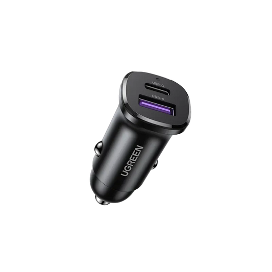 UGREEN 30W USB-C + USB Dual Port Car Charger - Black – Model CD130 – Compact In-Car Fast Charging Power Adapter for Smartphones, Tablets and USB Devices