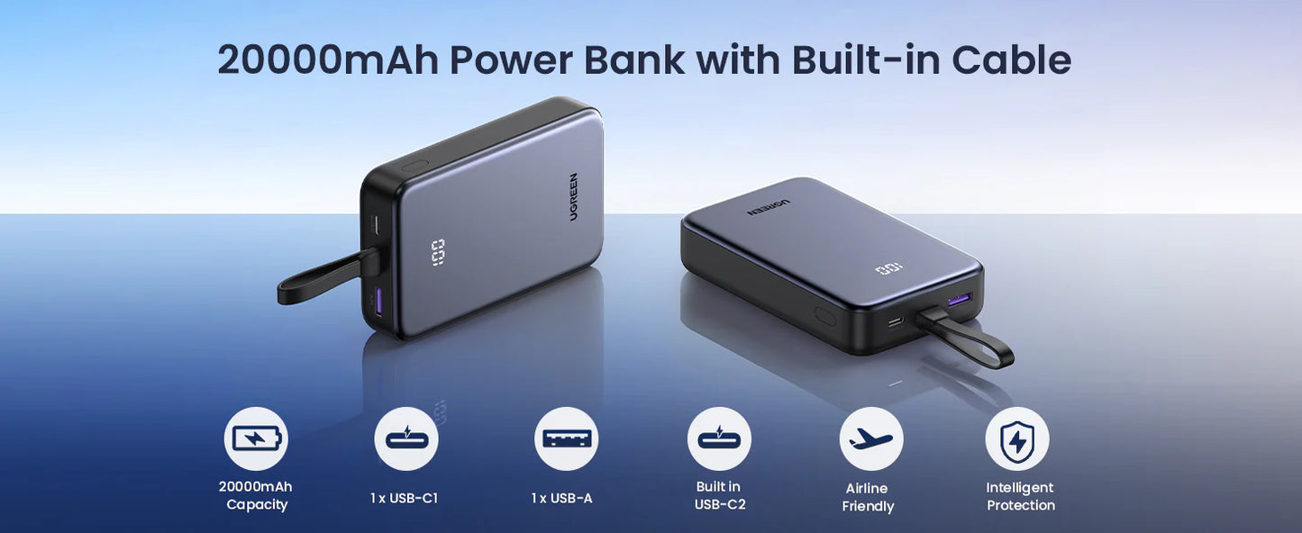 UGREEN PB505 20000mAh 20W Fast Charging Power Bank with Built-In USB-C Cable – High-Capacity Portable Battery Charger for Smartphones, Tablets and USB-C Devices