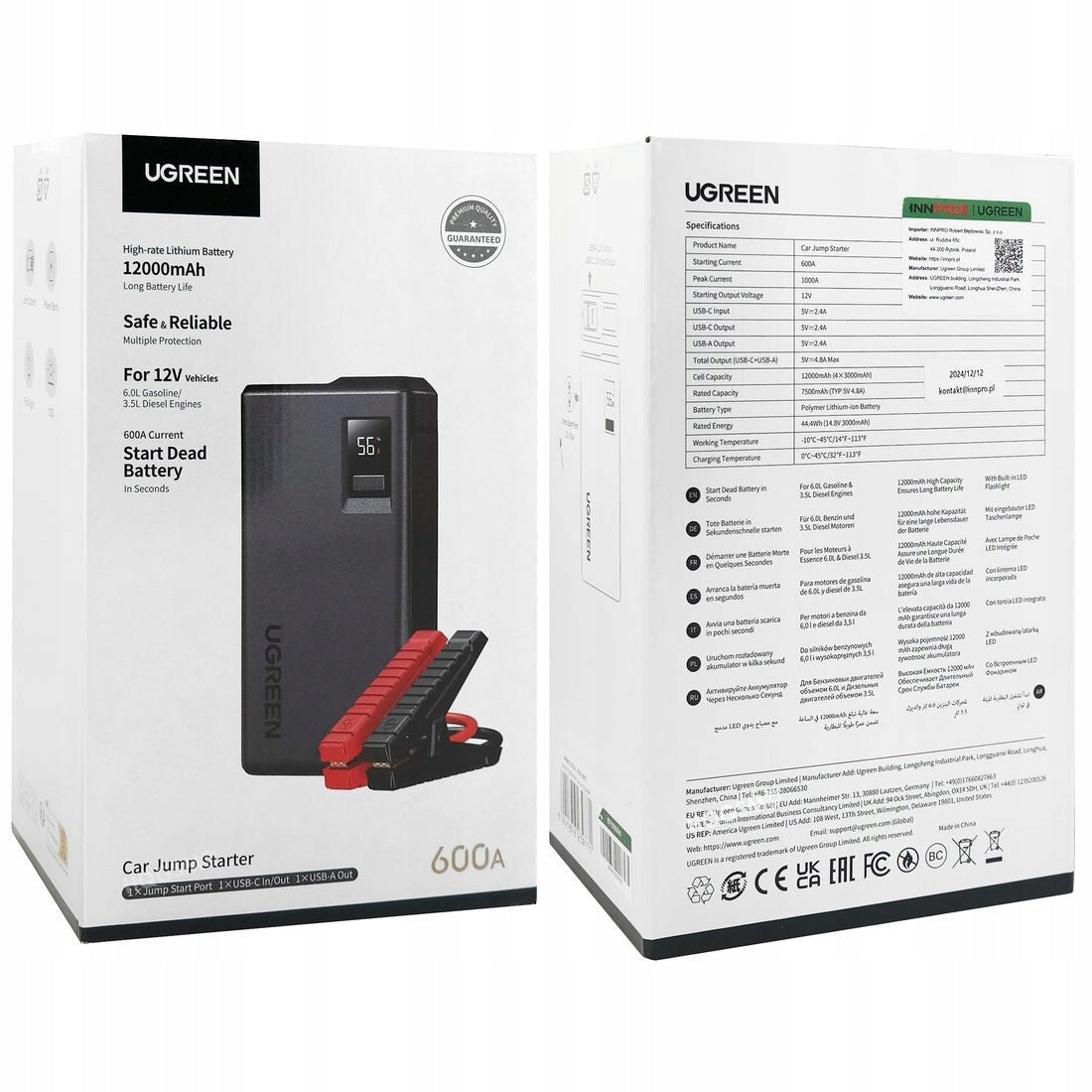 UGREEN 12000mAh 600A Car Jump Starter – Model ES702 – Premium UGREEN Digital Accessory for Reliable Home, Office, Travel and Everyday Technology Use