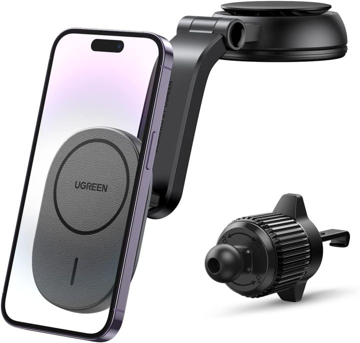UGREEN Magnetic Car Holder with Wireless Charger A / C & Dashboard - Black – Model CD345 – Fast Magnetic Charging Pad or Station for Compatible iPhone, AirPods and Qi-Enabled Devices