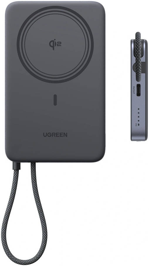UGREEN Magflow Air 10000mAh 30W Qi2 Aluminium Alloy Magnetic Wireless Power Bank Built-in Cable Grey – Model PB570 – Portable Fast Charging Battery Pack for Smartphones, Tablets, Laptops and USB-Powered Devices