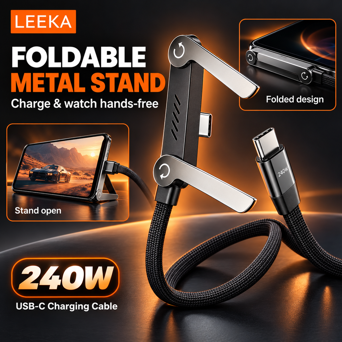 LEEKA 240W USB-C to USB-C Braided Fast Charging & Data Sync Cable with Adjustable Foldable Metal Phone Stand + USB-A Charging Adapter Included – 1.5m for Smartphones, Tablets & Laptops
