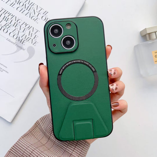 iPhone 14 Plus Magsafe Wireless Charging Mobile Phone Leather Case Buckle Ring Stand Back Cover