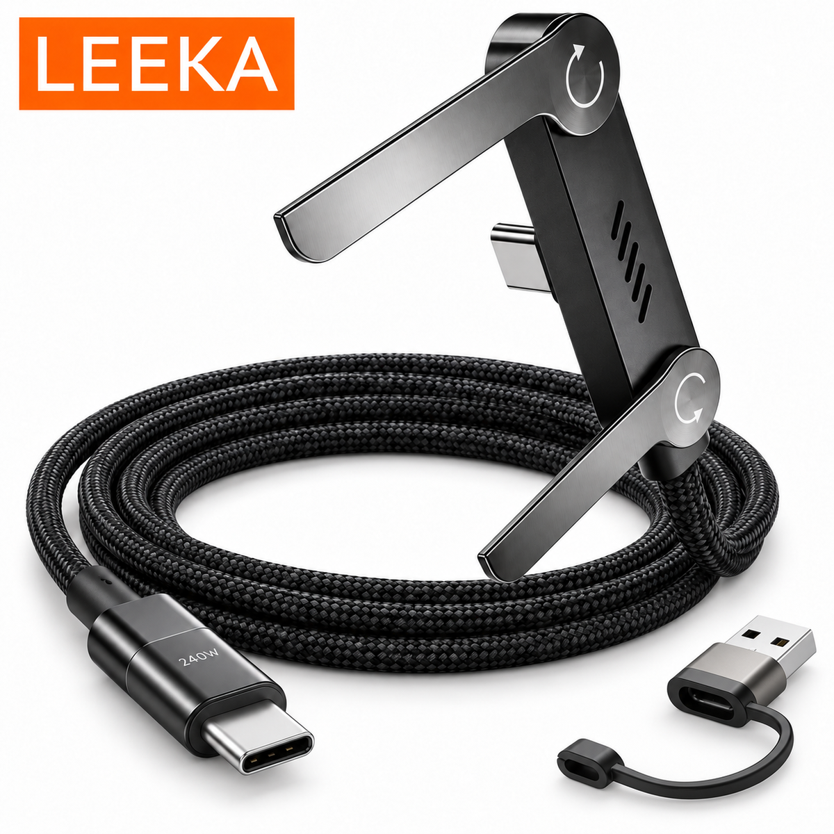 LEEKA 240W USB-C to USB-C Braided Fast Charging & Data Sync Cable with Adjustable Foldable Metal Phone Stand + USB-A Charging Adapter Included – 1.5m for Smartphones, Tablets & Laptops