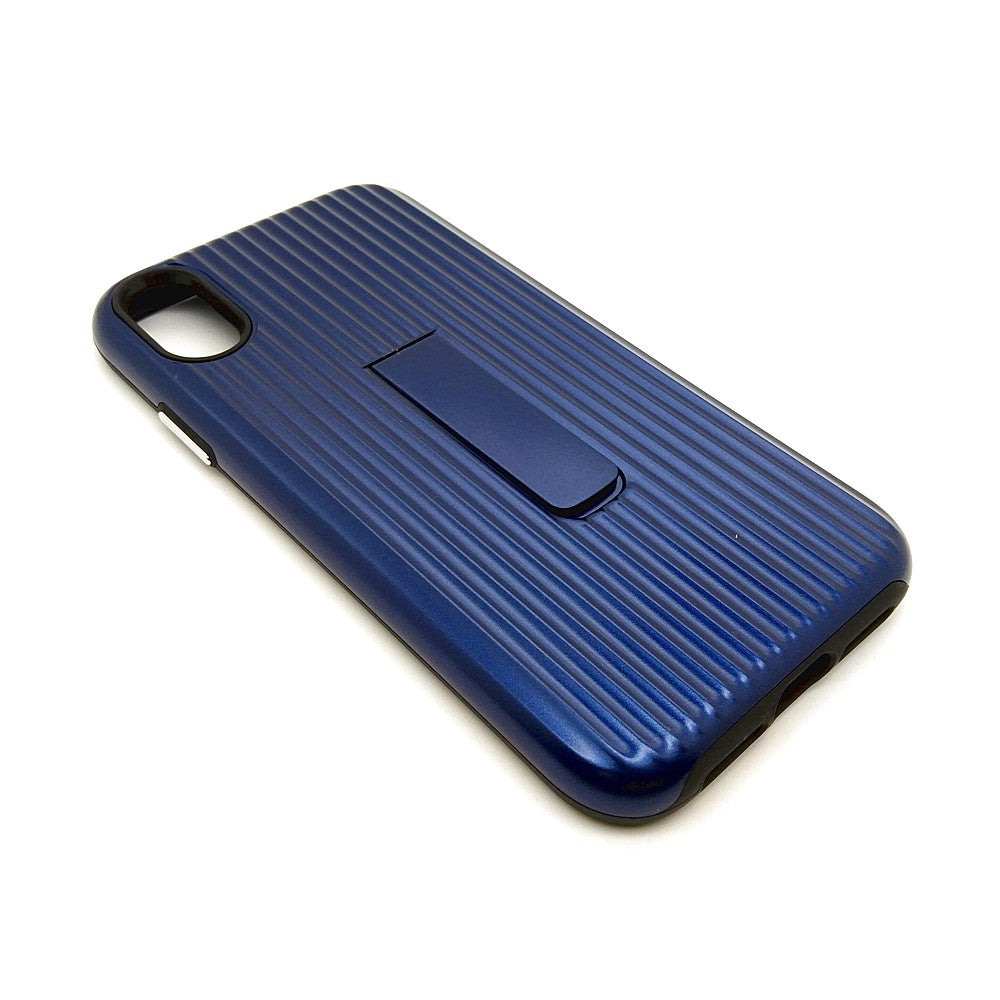 iPhone XR Stipe Hard Grip Suitcase type Back Cover with kick Stand Blue