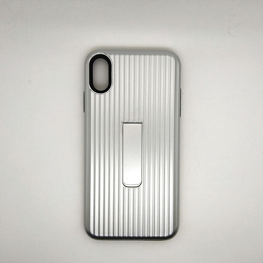 iPhone X / XS Stipe Hard Grip Suitcase type Back Cover with kick Stand White