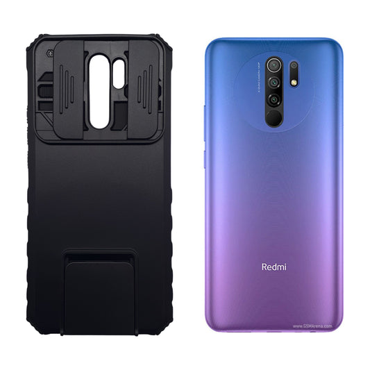 Redmi 9 Shockproof Case with Camera Slide Cover, Built-in Kickstand, and Magnetic Ring Holder for Full Body Protection