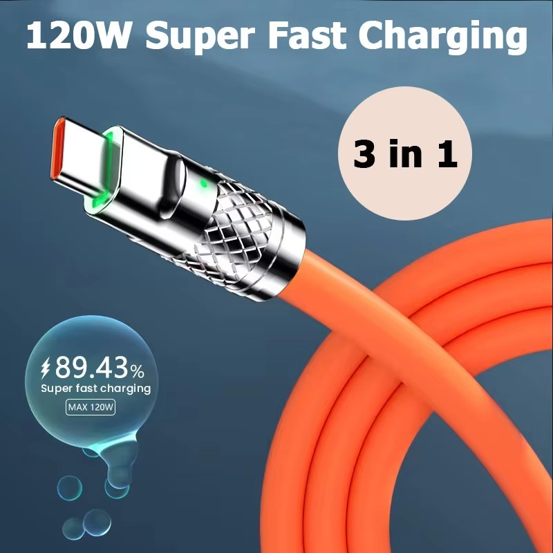 3-in-1 Fast Charging 6A 120W USB Type-C Cable – Multi USB A to Type-C, Micro USB & Lightning Charger Cord for iPhone, Samsung, Huawei, Xiaomi – Durable OD6.0 Braided Data Sync Cable