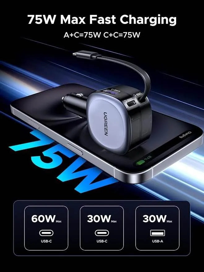 UGREEN Retractable Cable with USB-C + USB 75W Car Charger – Model EC601 – Compact In-Car Fast Charging Power Adapter for Smartphones, Tablets and USB Devices