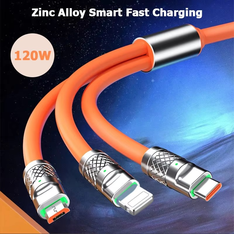 3-in-1 Fast Charging 6A 120W USB Type-C Cable – Multi USB A to Type-C, Micro USB & Lightning Charger Cord for iPhone, Samsung, Huawei, Xiaomi – Durable OD6.0 Braided Data Sync Cable