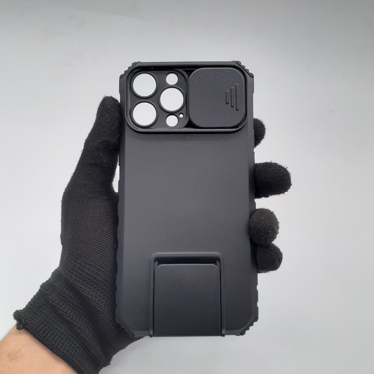 iPhone 13 Pro Max Heavy Duty Case with Camera Slide Cover, Integrated Kickstand, and Military-Grade Shockproof Protection.