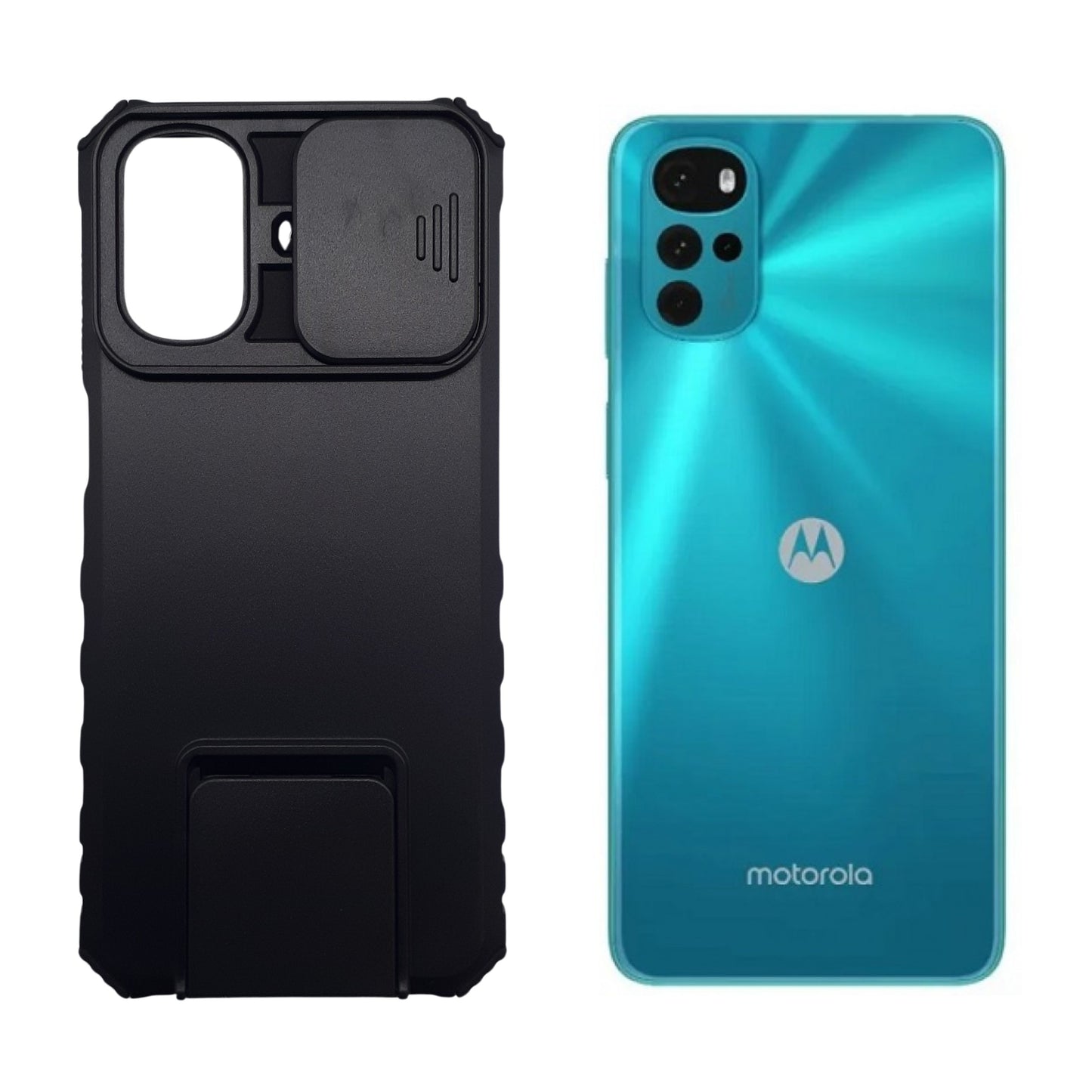 Motorola Moto G22 Case, Heavy Duty Shockproof Cover with Sliding Camera Lens Protector and Integrated Kickstand for Hands-Free Viewing
