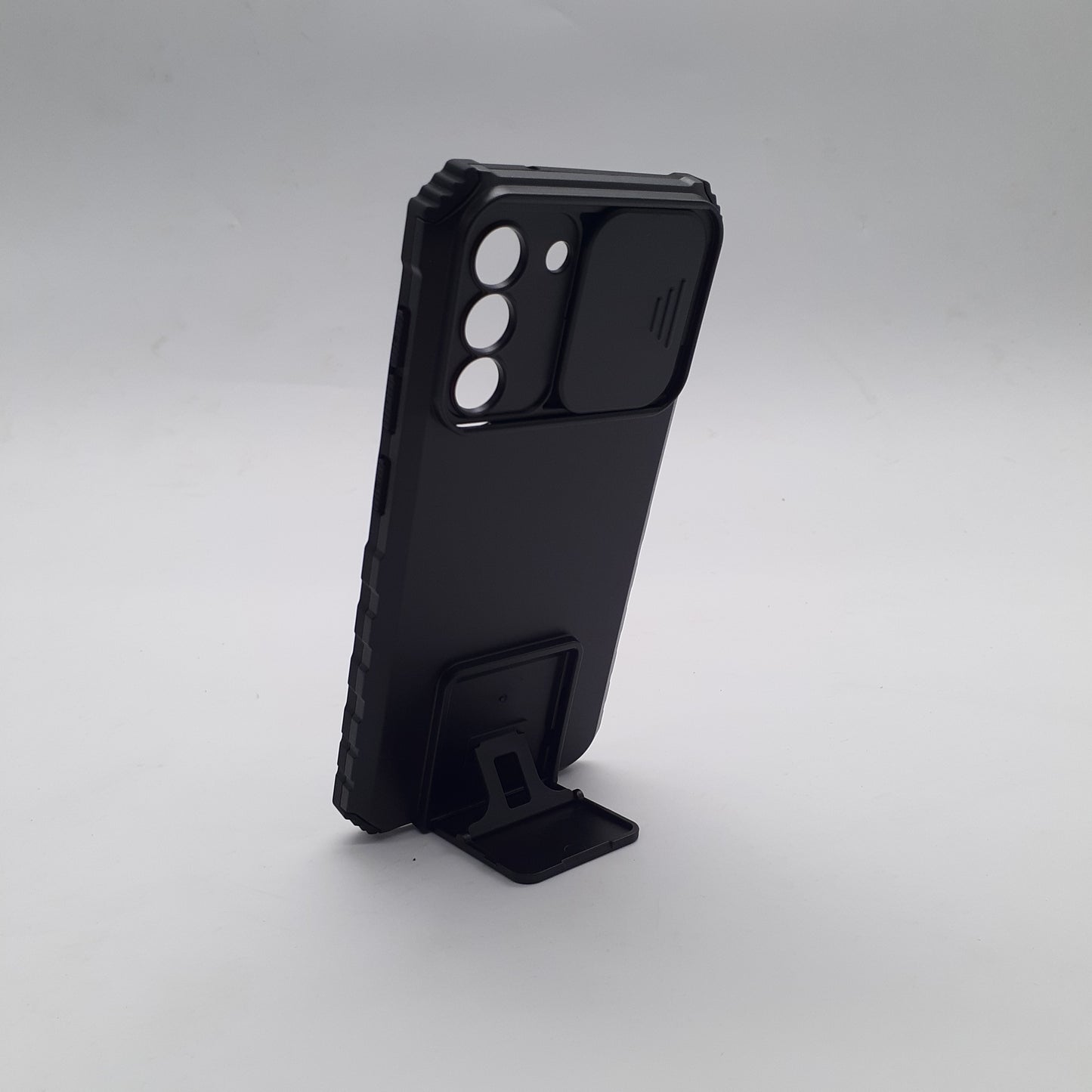 Samsung S21 FE Heavy Duty Shockproof Phone Case with Slide Camera Lens Protector Cover and Built-in Kickstand Ring Holder Black