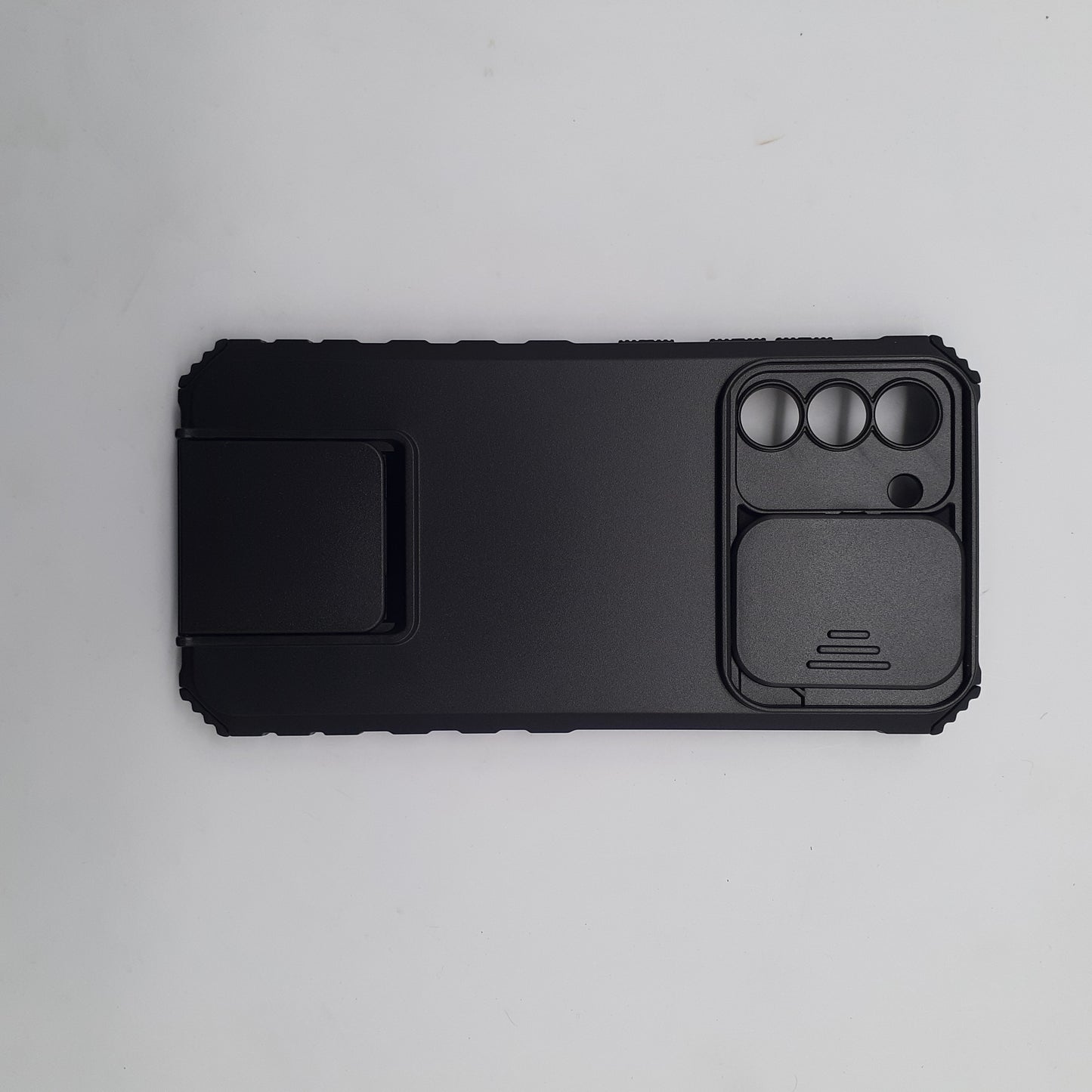 Samsung S21 FE Heavy Duty Shockproof Phone Case with Slide Camera Lens Protector Cover and Built-in Kickstand Ring Holder Black