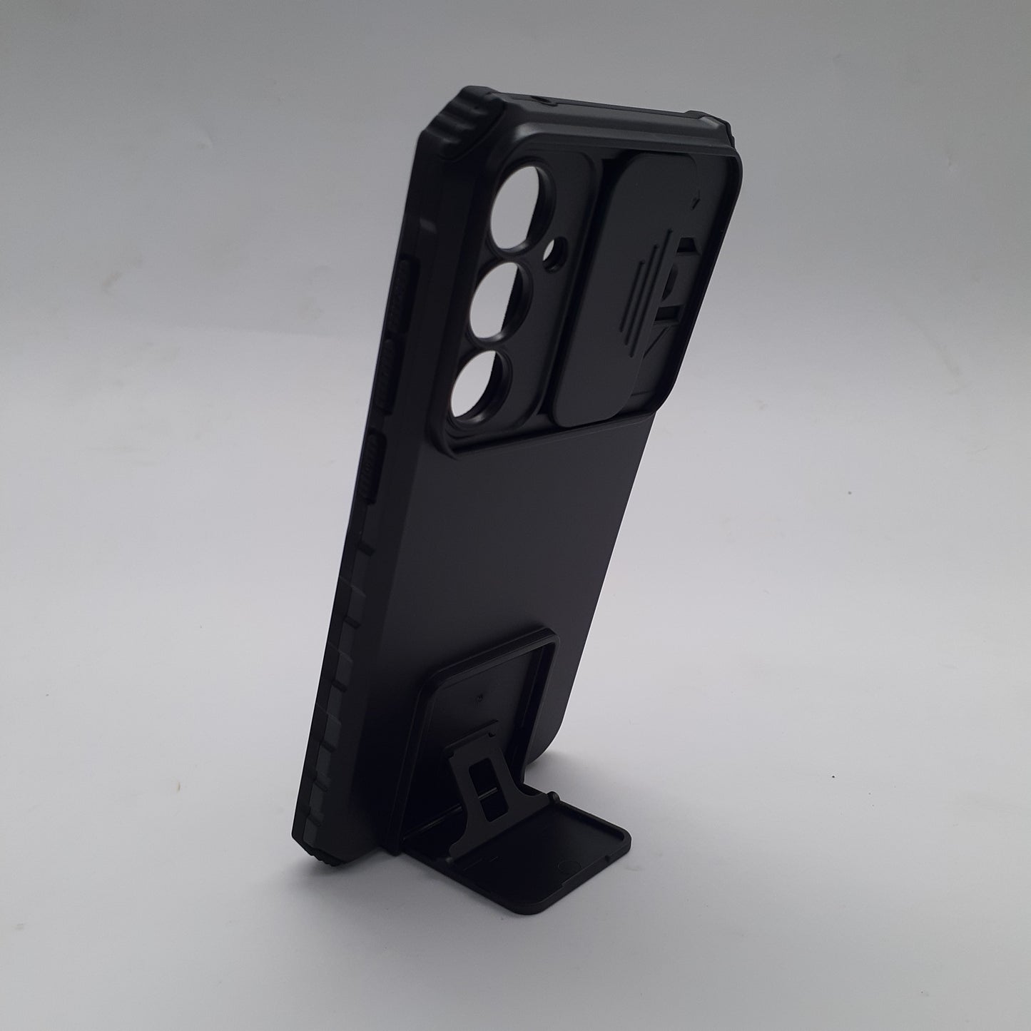 Samsung S23 FE Shockproof Case with Sliding Camera Cover and Integrated Ring Stand Holder, Heavy Duty Protection, Black
