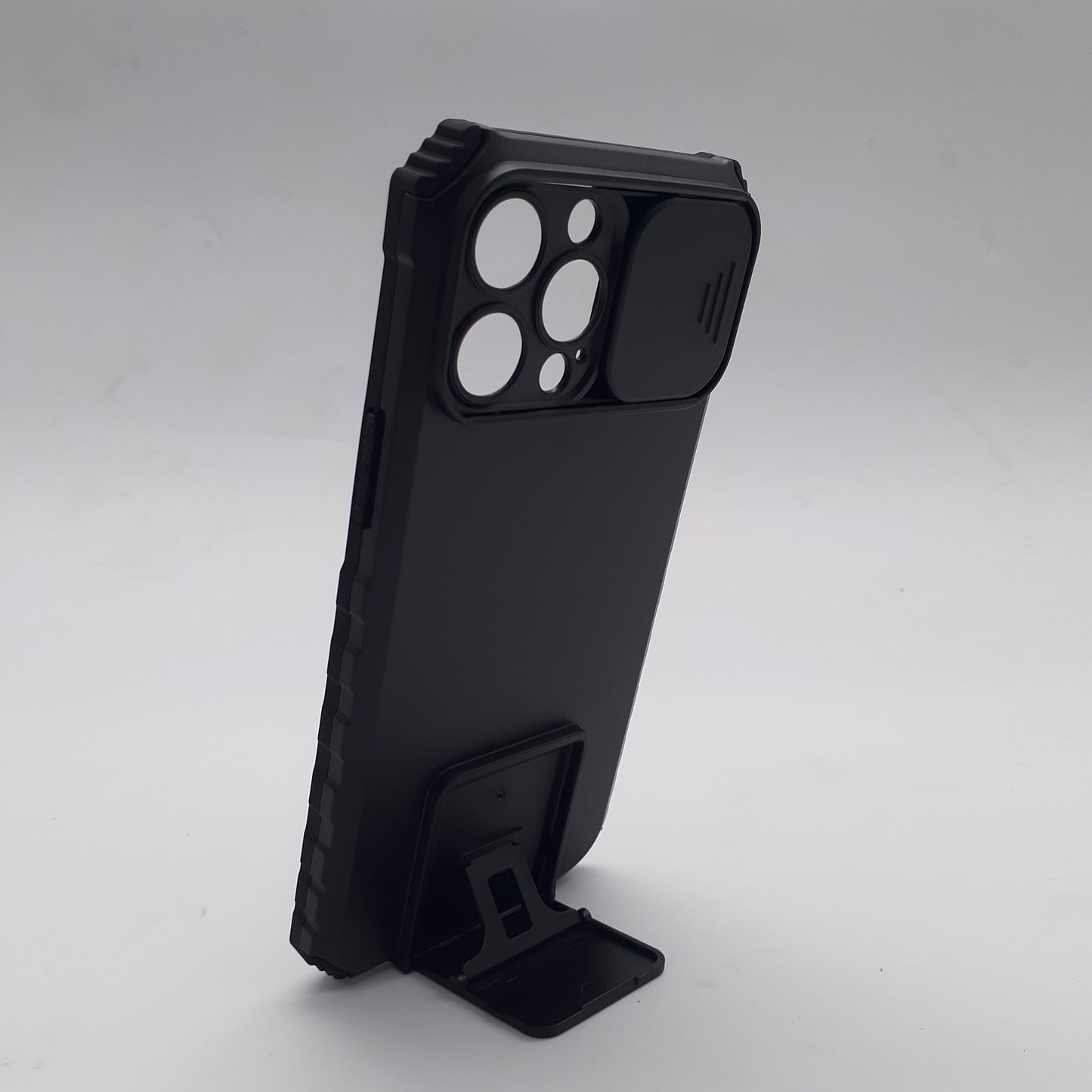 iPhone 13 Pro Max Heavy Duty Case with Camera Slide Cover, Integrated Kickstand, and Military-Grade Shockproof Protection.