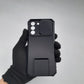 Samsung S21 FE Heavy Duty Shockproof Phone Case with Slide Camera Lens Protector Cover and Built-in Kickstand Ring Holder Black