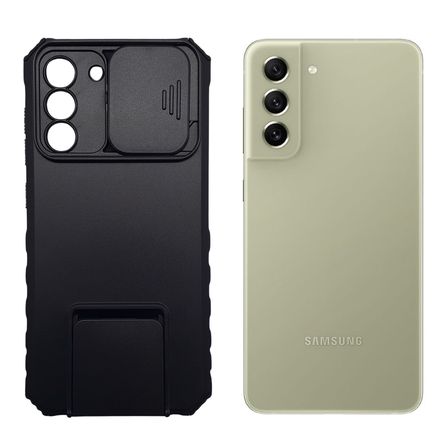 Samsung S21 FE Heavy Duty Shockproof Phone Case with Slide Camera Lens Protector Cover and Built-in Kickstand Ring Holder Black