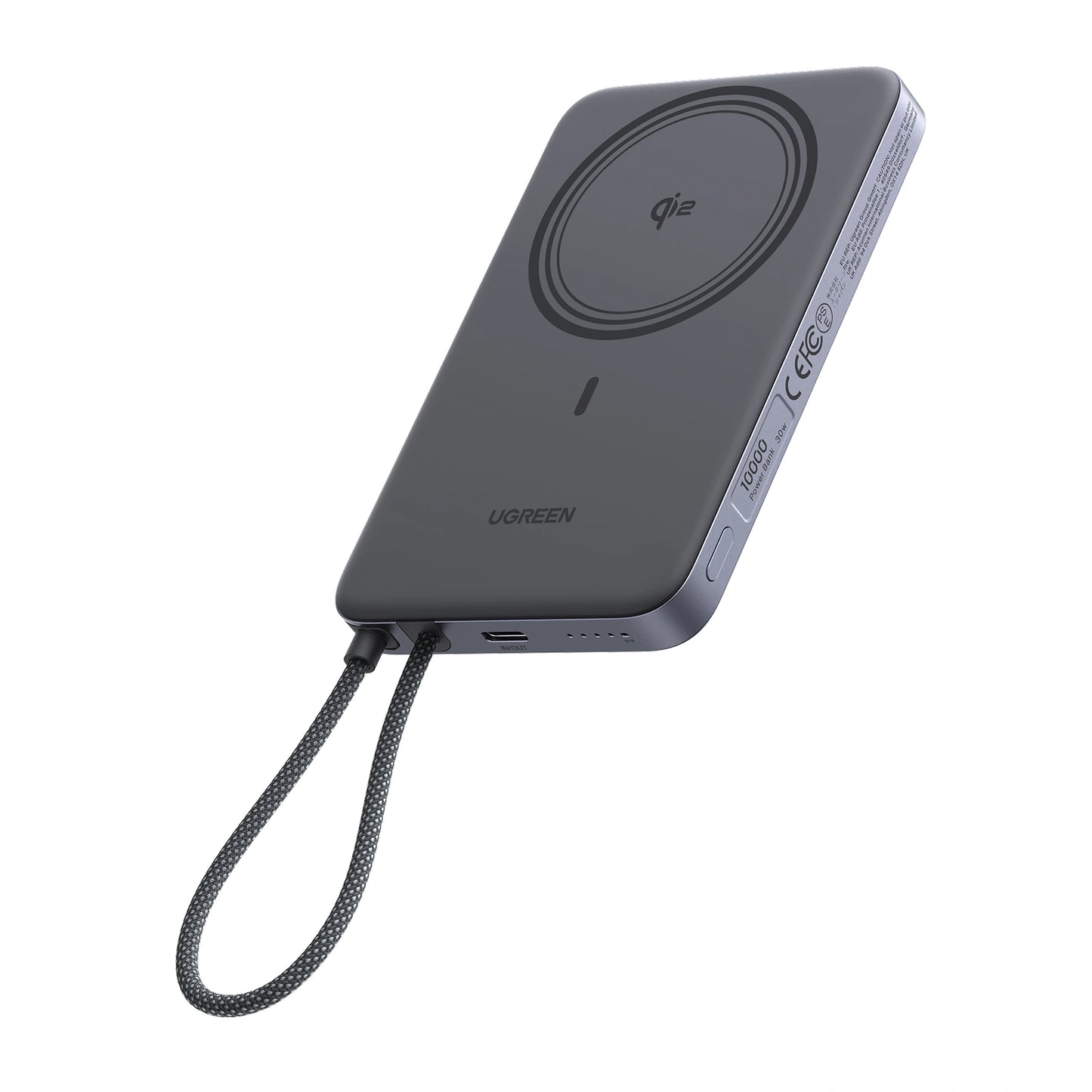 UGREEN Magflow Air 10000mAh 30W Qi2 Aluminium Alloy Magnetic Wireless Power Bank Built-in Cable Grey – Model PB570 – Portable Fast Charging Battery Pack for Smartphones, Tablets, Laptops and USB-Powered Devices