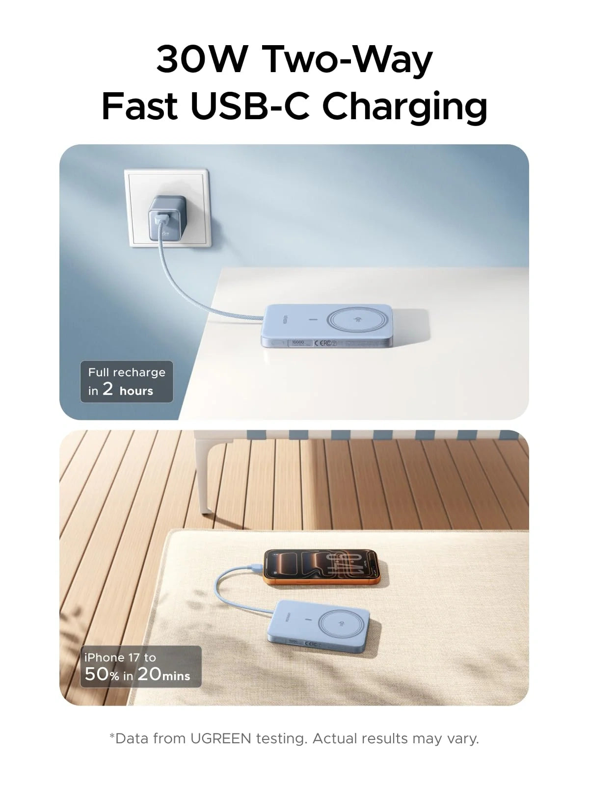 UGREEN Magflow Air 10000mAh 30W Qi2 Aluminium Alloy Magnetic Wireless Power Bank Built-in Cable Star Blue – Model PB570 – Portable Fast Charging Battery Pack for Smartphones, Tablets, Laptops and USB-Powered Devices
