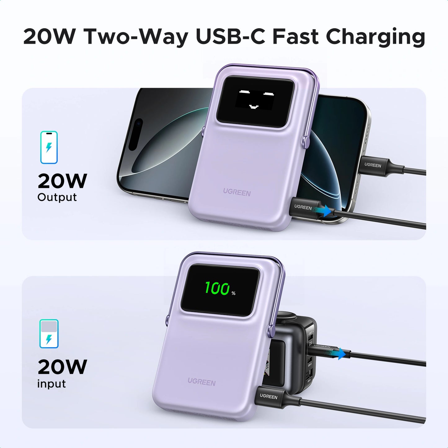 UGREEN Uno PB572 10000mAh Magnetic Wireless Power Bank with Built-In Stand – 20W Fast Charging Portable Battery Pack for iPhone, Samsung and USB-C Devices – Purple