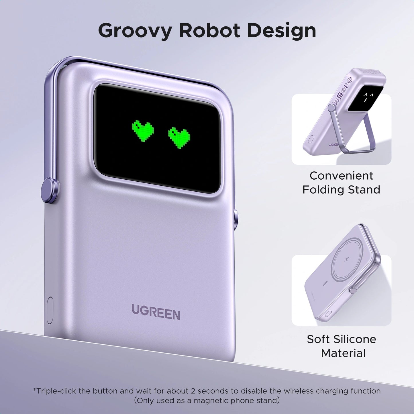 UGREEN Uno PB572 10000mAh Magnetic Wireless Power Bank with Built-In Stand – 20W Fast Charging Portable Battery Pack for iPhone, Samsung and USB-C Devices – Purple