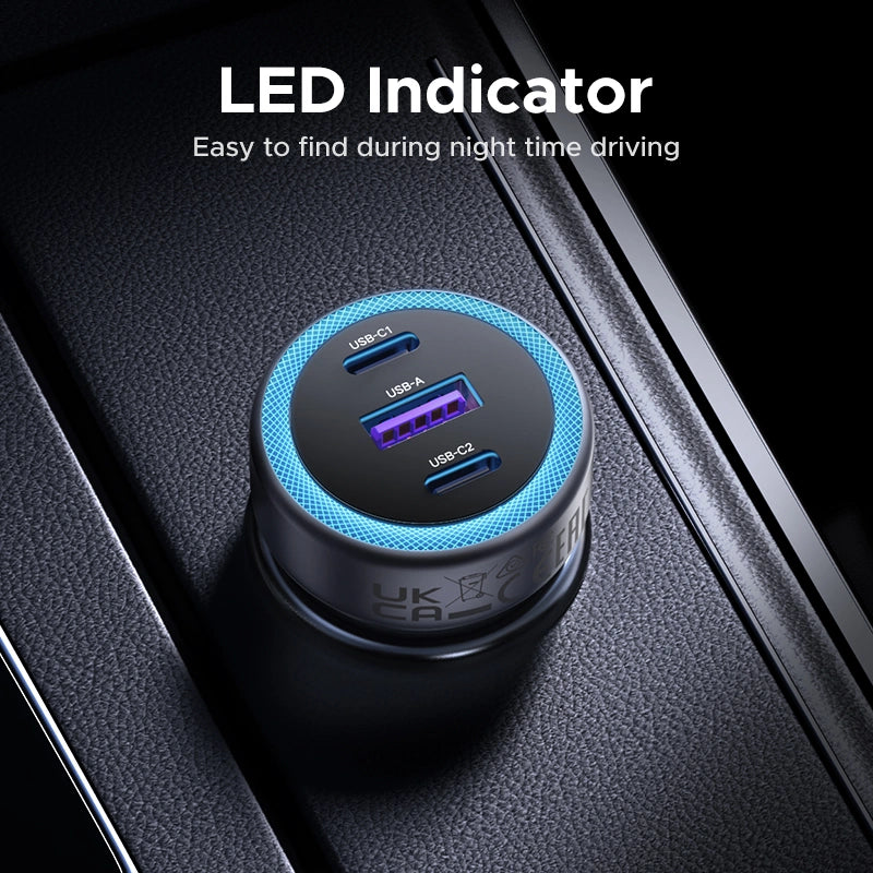 UGREEN 30W 3-Port USB-C*2 / USB*1 Fast Car Charger – Model EC307 – Compact In-Car Fast Charging Power Adapter for Smartphones, Tablets and USB Devices