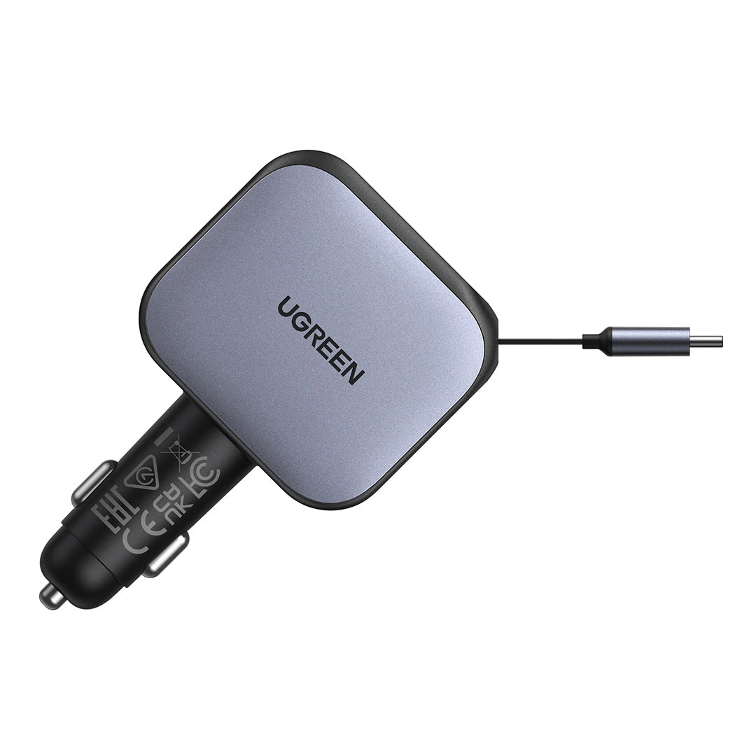 UGREEN Nexode 145W USB-C*2 / USB*1 Fast Car Charger with Retractable Cable – Model EC604 – Compact In-Car Fast Charging Power Adapter for Smartphones, Tablets and USB Devices