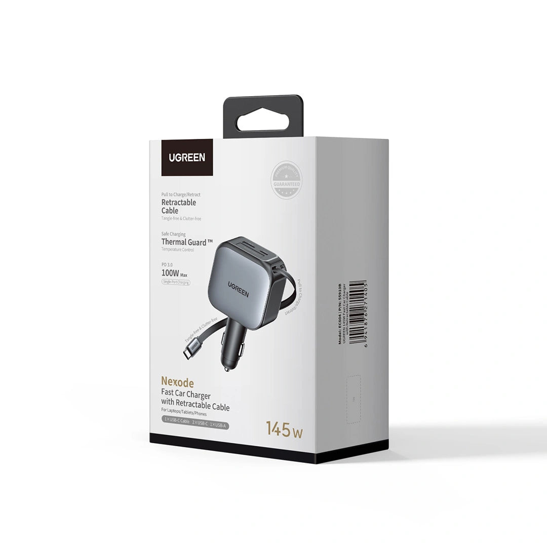 UGREEN Nexode 145W USB-C*2 / USB*1 Fast Car Charger with Retractable Cable – Model EC604 – Compact In-Car Fast Charging Power Adapter for Smartphones, Tablets and USB Devices