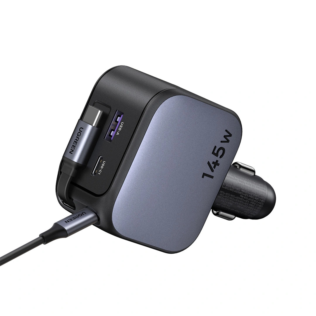 UGREEN Nexode 145W USB-C*2 / USB*1 Fast Car Charger with Retractable Cable – Model EC604 – Compact In-Car Fast Charging Power Adapter for Smartphones, Tablets and USB Devices