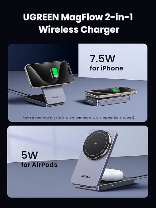 UGREEN 2-in-1 Magnetic (Phone & AirPods) Wireless Charger – Model W528 – Fast Magnetic Charging Pad or Station for Compatible iPhone, AirPods and Qi-Enabled Devices
