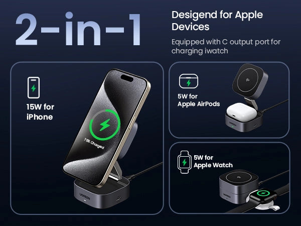 UGREEN 2-in-1 Qi2 Magnetic Wireless Charger 15W - iPhone – Model W702 – Fast Magnetic Charging Pad or Station for Compatible iPhone, AirPods and Qi-Enabled Devices